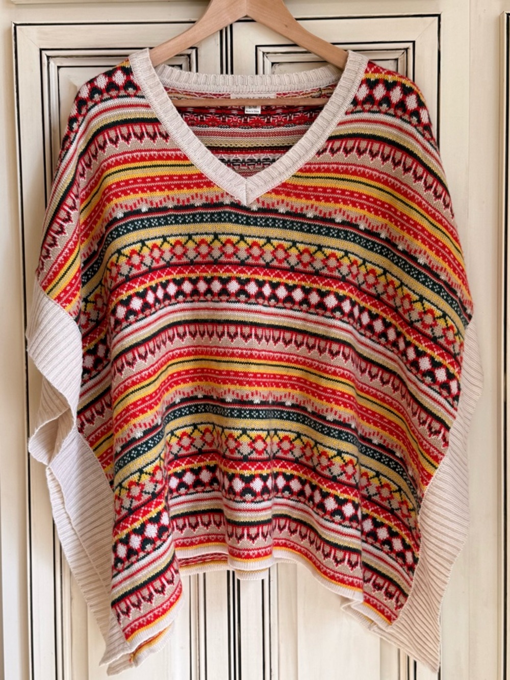 Double Zero Multicolor Fair Isle V-Neck Poncho with Cream Trim